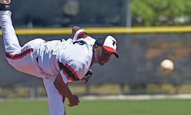 Shameko Smith in action on the mound for the Polk Community College Eagles.