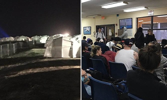 LEFT: Tents at the site of the Fyre Festival.
RIGHT: Passengers stranded at the airport in Great Exuma after the event was cancelled.
(Photos posted on Twitter)