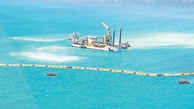 A photo provided by the Bimini Blue Coalition showing the silt spreading from the dredger off Bimini during operations there in 2014.
