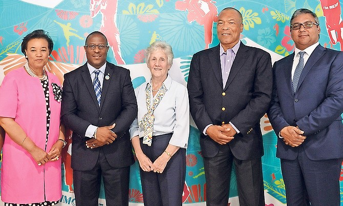 SHOWN (l-r) are Baroness Patricia Scotland, Commonwealth secretary general to The Commonwealth of The Bahamas, Michael Pintard, Minister of Youth, Sports and Culture, Louise Martin, Commonwealth Games Federation president, Wellington Miller, Commonwealth Youth Games committee chairman and Dexter Cartwright, Interim CEO at BTC.

Photo: Shawn Hanna/The Tribune

 
