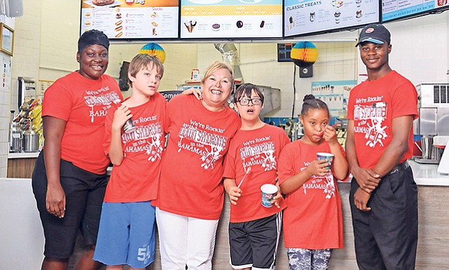 (l-r) Carltanek Brown of Dairy Queen; Luke Davis of the Bahamas Down Syndrome & Friends Centre; Cheryl Johnson-Newell, founder and president of the Bahamas Down Syndrome & Friends Centre; Jonathan Newell and Anna Smith of the Bahamas Down Syndrome & Friends Centre, and Dairy Queen’s Stephano Butler.