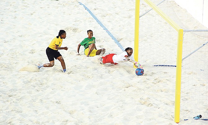 The Bahamas girls' beach soccer team in action. Photo: Clarence Rolle for CYG