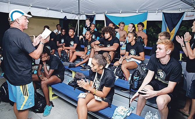 Head coach Andy Knowles speaks to members of the Bahamas’ swimming team at the Betty Kelly Kenning national swim complex. Photo: Derek Smith/BIS