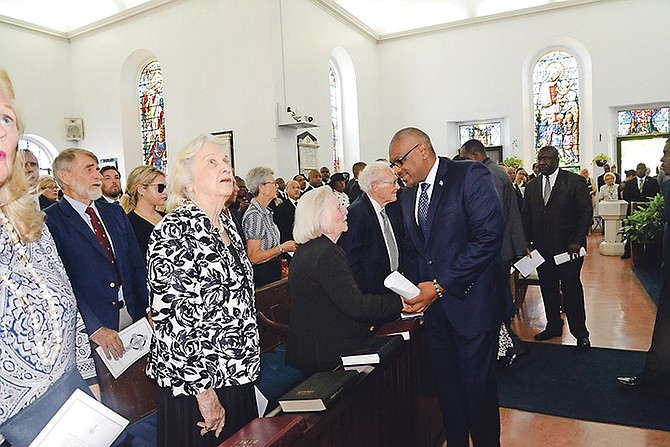PRIME Minister Dr Hubert Minnis greets the family of the late Sir Geoffrey Johnstone.

Sir Geoffrey’s funeral was held on Saturday at St Andrew’s Presbyterian Kirk. Photos: Peter Ramsay/BIS