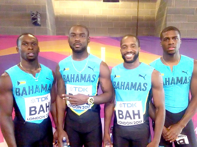 Teray Smith with his 4 x 100m teammates, Warren Fraser, Shavez Hart and Sean Stuart at the World Championships.