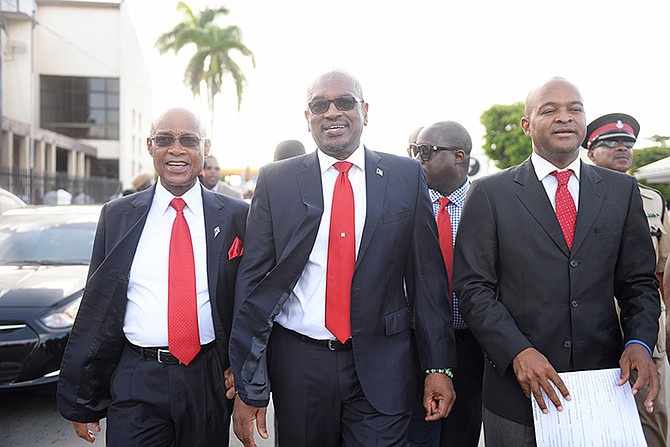 Prime Minister Dr Hubert Minnis Jeff Lloyd, South Beach MP, and Reece Chipman, Centreville MP, leading their victory parade from St Barnabas Anglican Church to FNM Headquarters on Mackey Street.

Photo: Shawn Hanna/Tribune Staff