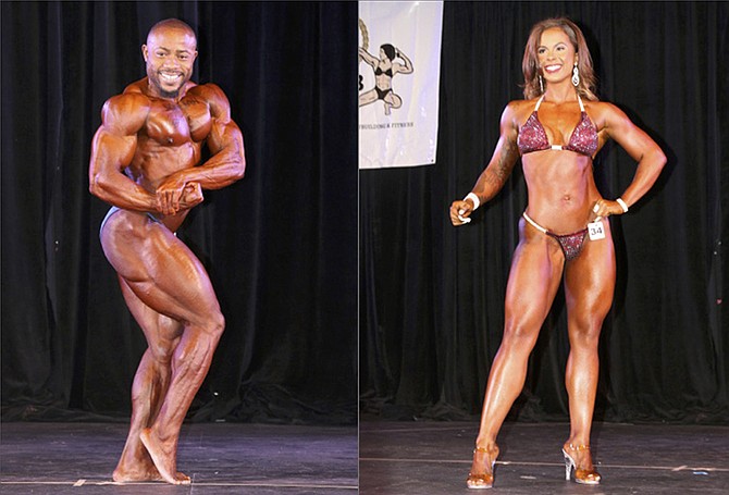 CHARLES RECKLEY (left) and Angelica Wallace-Whitfield strike a pose during the Bahamas Bodybuilding and Fitness Federation’s Nationals and Novice championships at Loyola Hall, Gladstone Road.