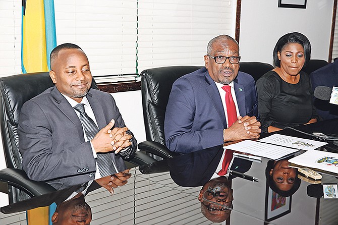 Prime Minister Dr Hubert Minnis speaking at a press conference in Grand Bahama. Photo: Vandyke Hepburn