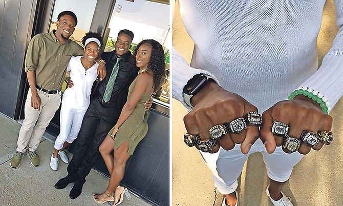 Devynne Charlton (second from the left) flanked by Bahamian teammates Keanu Pennerman, Kinard Rolle and Carmiesha Cox - and wearing her collection of championship rings.