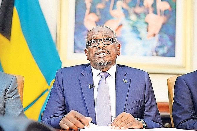 Prime Minister Dr Hubert Minnis making a national address yesterday with other Cabinet ministers to encourage Bahamians on every island to prepare for Hurricane Maria. Photo: Shawn Hanna/Tribune Staff