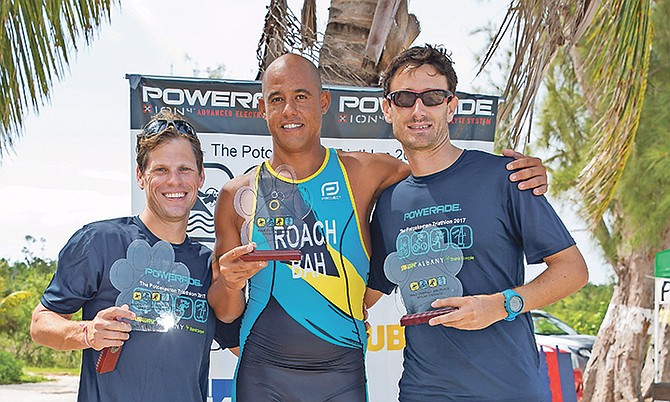 From left: Mark Dietrich (third place), Cameron Roach (1st) and Simon Lowe (2nd) after the Powerade Potcakeman Triathlon.