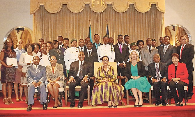 Seated from left: Everette Mackey, treasurer, GGYA board of trustees; national director Denise Mortimer; Major David Clarke, regional director of the Americas; Governor General Dame Marguerite Pindling; Rosamund Roberts, secretary to the board of trustees; Jack Thompson, chairman of GGYA’s management council and Susan Black, member of the board of trustees.