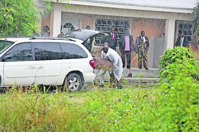 Police remove the body from the scene in Fox Hill. 