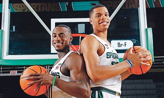 Michigan State’s Lourawls “Tum Tum” Nairn Jr, left, and Miles Bridges pose Wednesday during the NCAA college team’s media day in East Lansing, Michigan