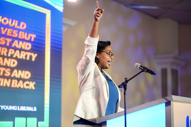 Monique Pindling, daughter of Sir Lynden Pindling, speaks at the PLP convention. Photo: Shawn Hanna/Tribune staf
