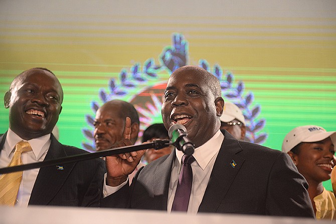Newly-elected PLP Leader Philip 'Brave' Davis speaks after his victory as the party's new Deputy Leader, Chester Cooper (left), looks on. Photo: Shawn Hanna/Tribune staff
