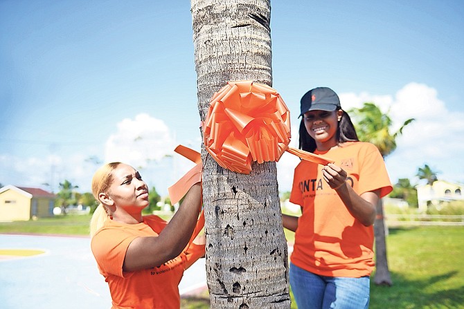 Zonta Club members are pictured as they drape Pinewood Gardens with orange ribbons for domestic violence awareness. Photo: Shawn Hanna/Tribune Staff