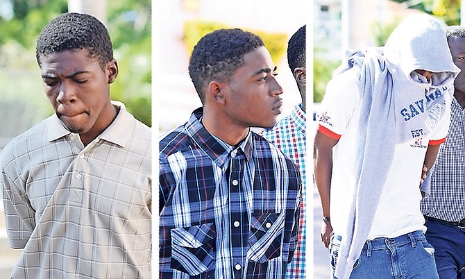 FROM LEFT: Torieano Cummings, Keith Barr and a juvenile being arraigned at court. Photos: Shawn Hanna/Tribune staff