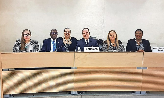 From left, DeAndra Cartwright, foreign service officer within the Ministry of Foreign Affairs; Frank Davis, minister counsellor/deputy permanent representative & charge d’affaires; Bernadette Butler, minister counsellor; Senator Carl Bethel, attorney general; Jewel Major, chief counsel within the Office of the Attorney-General and Ministry of Legal Affairs; and Alicia Gibson, assistant counsel in the Office of the Attorney General and Ministry of Legal Affairs.

 

 