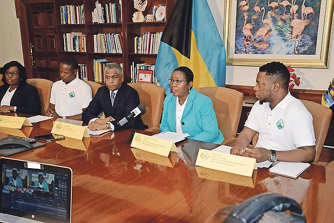 Officials from the Office of the Prime Minister, the Department of Environmental Health and the Bahamas Public Parks and Public Beaches Authority yesterday announce the Over-the-Hill Clean-Up Initiative and Bulk Waste Removal Campaign. From left, SallyAnn Chisolm, chief health inspector, Department of Environmental Health Services; Sean Adderley, director, Bahamas Public Parks and Public Beaches Authority; Jack Thompson, Permanent Secretary, Office of the Prime Minister; Dr Nicola Virgill-Rolle, PhD, director, Economic Development and Planning Unit, Office of the Prime Minister, and Kemie Jones, project manager, Economic Development and Planning Unit, Office of the Prime Minister. Photo: Peter Ramsay/BIS

 