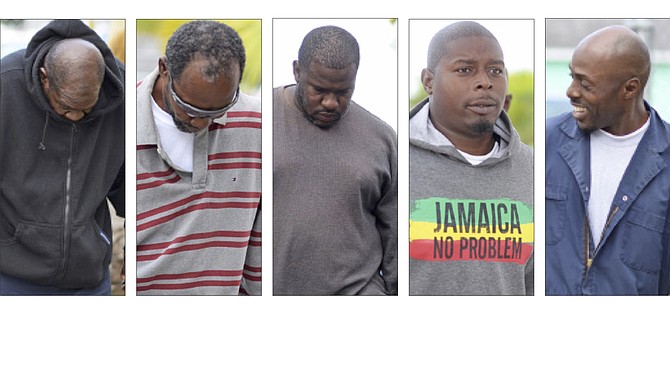 From left, Joseph Marshall, Dwain Campbell, Kenley Saunders, Myron Smith (who pleaded not guilty) and Ron Austin. 
Photos: Shawn Hanna/Tribune Staff