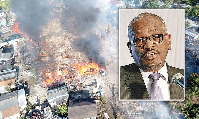 Fire burns in The Mud shanty town on Sunday and (inset) Prime Minister Dr Hubert Minnis.
Photo: Vado Bootle