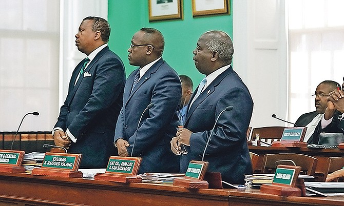 South Andros and Mangrove Cay MP Picewell Forbes, Exuma and Ragged Island MP Chester Cooper and PLP Leader Philip 'Brave' Davis in the House of Assembly. Photo: Terrel W Carey/Tribune staff

