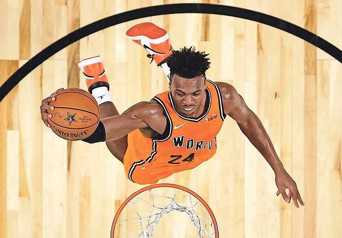 Buddy Hield goes up for a dunk during the All-Star Rising Stars game.

(AP Photo/Mark J Terrill)

 