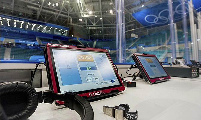 A timing-bench-and-whistle-detection-system, at the Gangneung Hockey Center in Gangneung, South Korea. Real-time player and puck tracking is being tested at the Olympic men’s and women’s hockey tournaments. In addition to microchips in jerseys and cameras installed in the two hockey arenas, referees’ whistles are connected to the clock so that it stops immediately without additional human assistance. (OMEGA via AP)