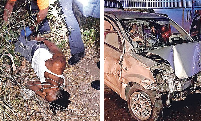 A man detained by police officers on Saturday, left, and, right, the wreck of a car following a high-speed chase, as seen in pictures circulated on social media following the incident.