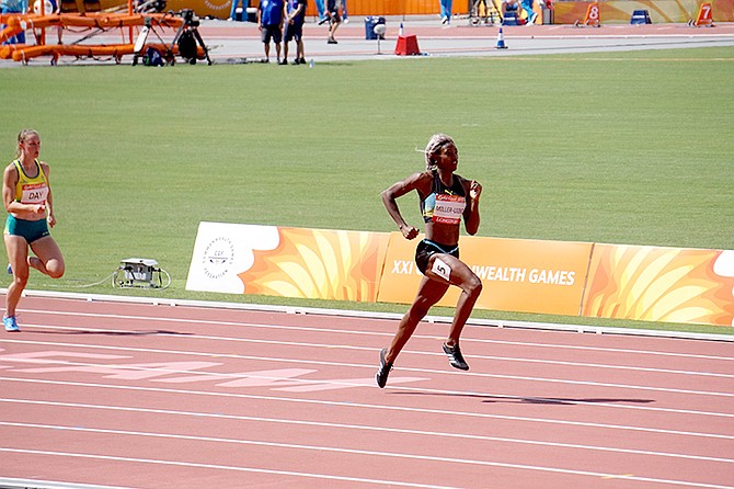 Shaunae Miller-Uibo on the way to winning her heat. Photo: Dwayne Richards