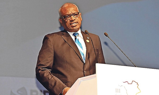 PRIME Minister Dr Hubert Minnis addresses the CEO Summit of the Americas, in Lima, Peru, on Friday. (BIS Photo: Yontalay Bowe)