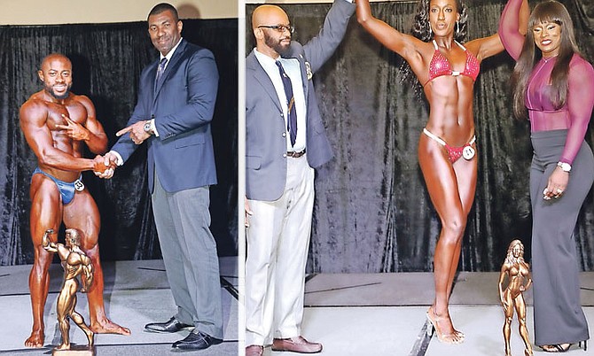 LEFT - Kenny Green, Bahamas Bodybuilding and Fitness Federation first vice president, with men’s bodybuilding champion Charles Reckley.
                                                      
RIGHT - Wellington ‘Cat’ Sears, Bahamas Bodybuilding and Fitness Federation stage manager, and pro bodybuilder Lakeisha Miller with Tashara Seymour, the women’s open bikini champion.

Photos: Michael O’Brien