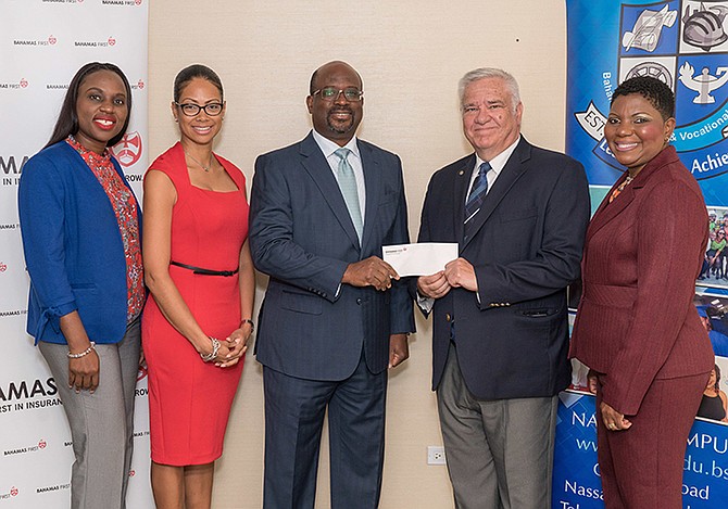  

Bahamas First is thrilled to provide two new scholarship opportunities for students studying auto industries at BTVI. Pictured from left to right: Nicole Leary, Bahamas First Human Resources Manager; Leah R. Davis, Group Marketing & Communications Manager for Bahamas First; Patrick Ward, Chief Executive Officer, Bahamas First; Dr. Robert W. Robertson, President of BTVI; and Alicia Thompson, BTVI’s Associate Vice President of Fund Development.