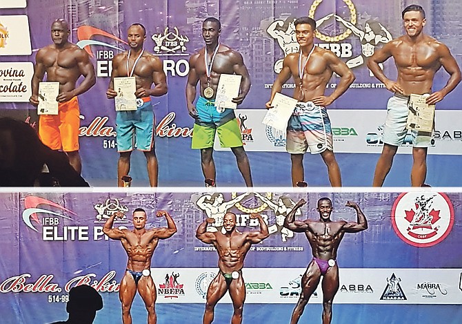 TOP: Gemo Smith, of the Bahamas, can been far left.
ABOVE: Paul Wilson (middle) and Giovanni Farrington (far right), both of the Bahamas, pose above with the overall winner (far left). 