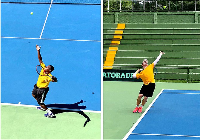 PHILIP Major Jr (left) and Baker Newman in action yesterday during their first round singles matches of American Zone III Davis Cup Tie against Honduras.