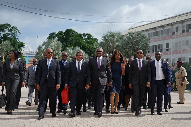 Government members head to the House of Assembly this morning for the delivery of the 2018-2019 Budget. Photo: Terrel W Carey/Tribune staff