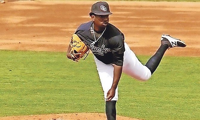 Perez Knowles, of the Bahamas, in action on mound for Columbus State Cougars in the NCAA Division II World Series.