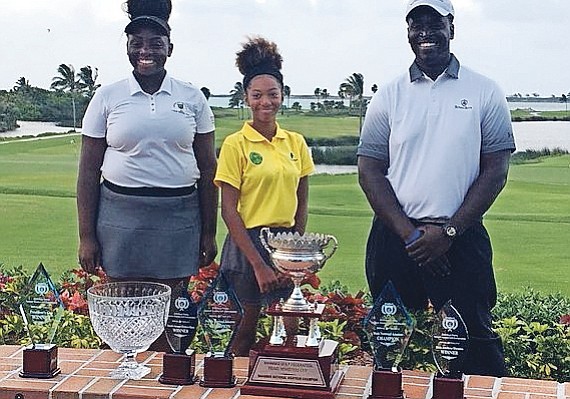 CHAMPIONS: Shown (l-r) are Ashley Michel, Nyah Singh and Richard Gibson with their awards at Bahamas Golf Federation Royal Fidelity National Amateur Championships.
