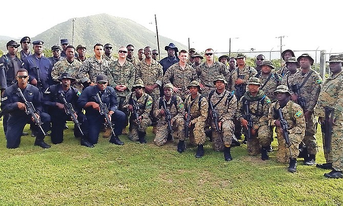 The combined unit of Bahamian security forces currently taking part in Tradewinds Exercise Phase 1 in St Kitts. Also shown are some members of the United States forces.
