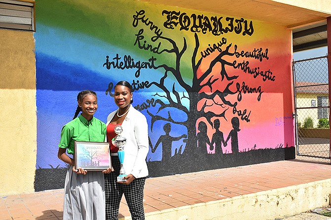 Delysia Devonya Radel-Bowe (left) with ALIV Brand Manager Anissa Adderley in front of the winning mural.

