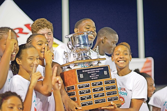 THE Mako Aquatic Club celebrates after winning the nationals. Photo: Shawn Hanna/Tribune Staff