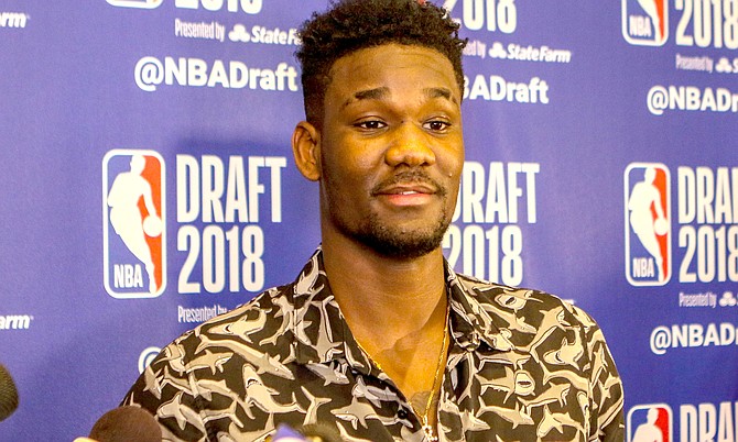 DEANDRE Ayton speaks to the media yesterday. Ayton is projected to be the top overall pick in tonight’s NBA Draft. Photo: John Marc Nutt/10thyearseniors.com