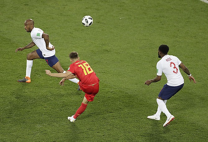 Belgium's Adnan Januzaj scores the winning goal in the Group G match between England and Belgium at the 2018 World Cup in the Kaliningrad Stadium in Kaliningrad, Russia, Thursday. (AP Photo/Michael Sohn)