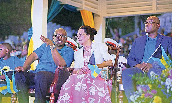 Prime Minister Dr Hubert Minnis, alongside Governor General Dame Marguerite Pindling and Mark Humes, Fort Charlotte MP, during The Bahamas’ 45th Grand Independence Celebrations at Clifford Park. Photo: Shawn Hanna/Tribune Staff

