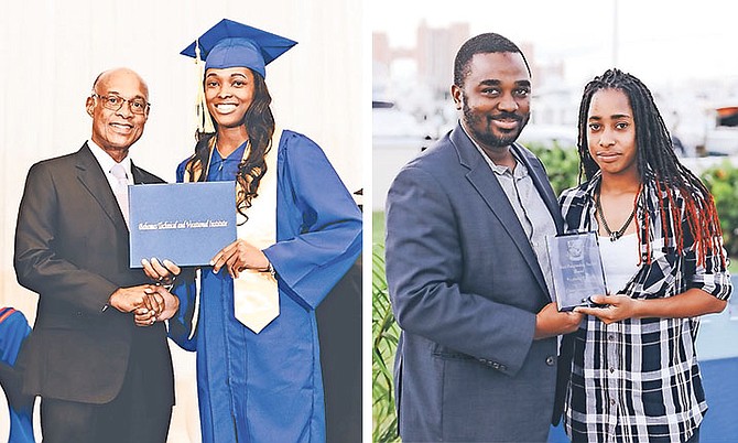 LEFT: Minister of Education Jeff Lloyd congratulates Lanique Brice, a 2018 BTVI graduate, who is the lead operator at DTEC Plant Services.
RIGHT: Santana Dean receives the award for being the most outstanding graduate in BTVI’s Electrical Installation programme for 2018.