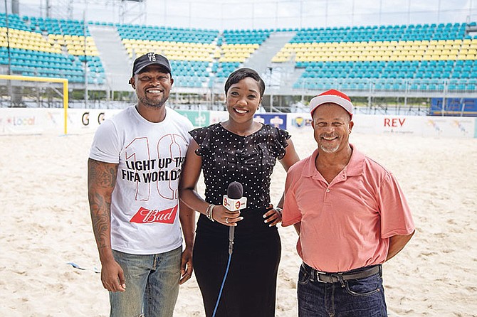 FRESH off their trip to the World Cup 2018 matchup between Serbia and Brazil, sports commentator Renaldo Dorsett (far left) and Bud winner Anthony Bullard chat it up with Our TV Entertainment News correspondent Nikki Jae (centre).
Photo courtesy of Ronnie Archer for Barefoot Marketing