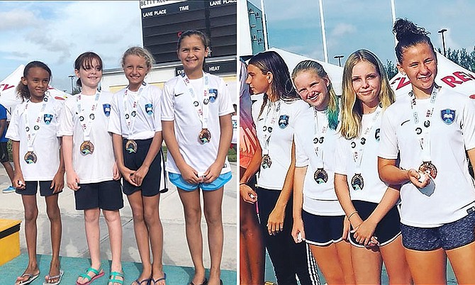 LEFT: Members of the 11-12 200m freestyle relay team.
RIGHT: Members of the 13-14 200m freestyle relay team.