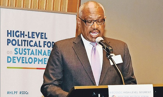 Prime Minister Dr Hubert Minnis at the meeting of the United Nations’ High Level Political Forum on Sustainable Development. Photo: Yontalay Bowe/BIS