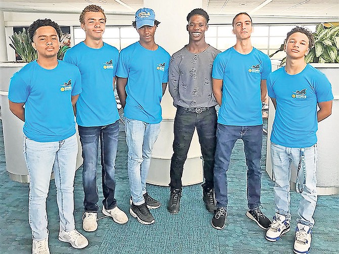 BAHAMAS national team water polo players (l-r) Nicholas Wallace-Whitfield, Alexander Turnquest, Damian Gomez, Saequan Miller, Gabriel Encinar and Thor Sasso. Missing is Gabriel Sastre.